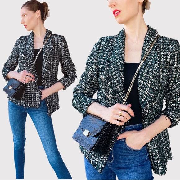 RACHEL ZOE Green & Black Textured Boucle Tweed Fringe Blazer Suit Jacket M - Picture 6 of 15